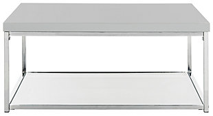 Take your love of minimalism to the max with the Malone coffee table. Its ultra-linear design merges a chrome-tone metal frame with a high-sheen lacquer look tabletop in gray. The result: the ultimate designer piece for lovers of contemporary style.Made of iron with chrome-tone finish | Engineered wood tabletop with gray lacquer look finish | Fixed clear glass shelf | Clean with a soft, dry cloth; spray small amount of glass cleaner onto lint-free cloth and wipe mirror/glass clean | Assembly required
