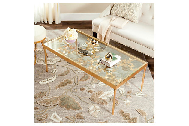 Bring an easy-breezy sense of elegance to your living space with the exquisite Rosalia Butterfly coffee table. Graceful yet sturdy metal frame is adorned with an antiqued goldtone finish that’s aged to perfection. Clear glass tabletop adds to the butterflies’ floating-on-air quality.Made of iron with goldtone finish | Clear glass tabletop | Clean with a soft, dry cloth; spray small amount of glass cleaner onto lint-free cloth and wipe mirror/glass clean | Assembly required