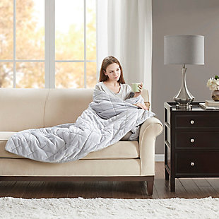 Sleep soundly with weighted comfort of the Beautyrest Duke Faux Fur Weighted Blanket. Designed for adults or those with a minimum body weight of 120lbs, this 60”x70” weighted blanket provides all-over comforting pressure to make you feel secure and relaxed. The grey faux fur cover comes with a weighted insert that has box quilting to prevent the polyester and glass bead filling from shifting. Ten inner ties and a zipper closure on the faux fur blanket cover keep the insert secure. The cover itself is machine washable for easy care, while the insert needs to be spot cleaned. Perfect for your bed or lounging on the couch, this weighted blanket helps promote a comfortable and anxiety free sleep throughout the night. Available in 12lb and 18lb weights.Imported | Provides all over body comforting pressure, making you feel secure and relaxed | Beautyrest faux fur weighted blanket 60"x70" inches designed for adults or minimum body weight of 120 lbs or more | Two polyester filling layers to prevent in-between beads from shifting | Promotes a deep and restful sleep throughout the night | Removable faux fur cover zipper closure is machine washable for easy care | Weighted insert is box quilted to secure filling from shifting | 10 inside ties efficiently stay put the weighted insert | Available in 12 lb and 18 lb weights
