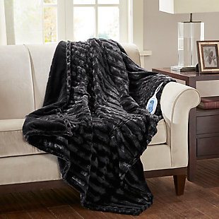 Beautyrest Oversized Faux Fur Heated Throw, Black, rollover
