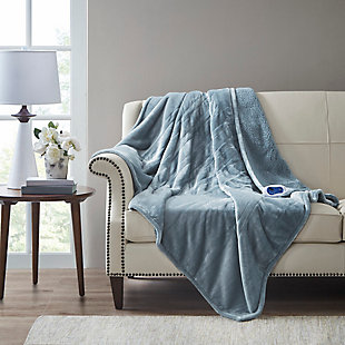 Beautyrest Oversized Heated Microlight Plush Reverse to Berber Throw, Blue, rollover