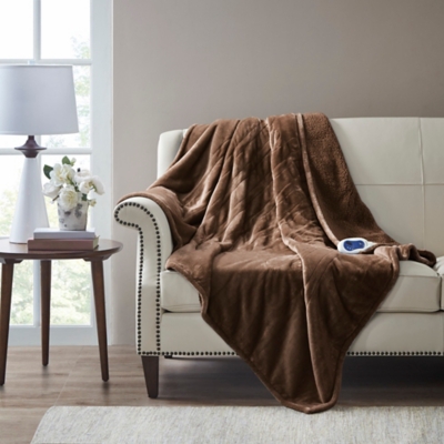Beautyrest Oversized Heated Microlight Plush Reverse to Berber Throw, Brown, large