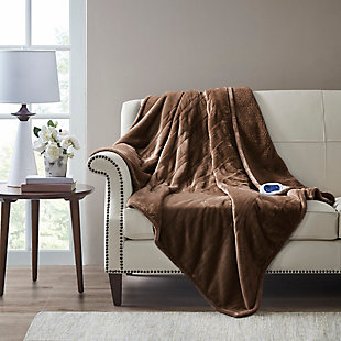 Beautyrest Oversized Heated Microlight Plush Reverse to Berber Throw, Brown, rollover