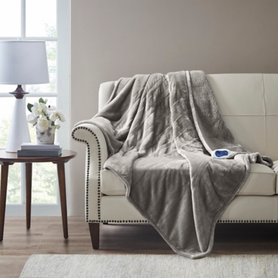 Beautyrest Oversized Heated Microlight Plush Reverse to Berber Throw, Gray, large
