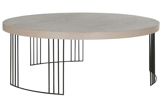 Add a fashion-forward touch of geometry to your living room with the well-rounded Keelin Mid Century coffee table. Gray finish on the tabletop is an alluring contrast.  This contemporary piece sits on a circular base of black iron with a see-through look.Made of iron with black finish | Engineered wood tabletop in gray finish | Assembly required