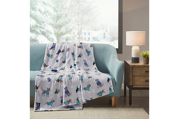 Wrap yourself up in the adorable comfort of the Beautyrest Oversized Plush Heated Throw. A cute dog printed motif is displayed on the grey ultra-soft plush base fabric, for a delightful look and cozy feel. This heated blanket features one controller with 3 heat settings and 2-hour auto shut-off timer for safety. Emitting virtually no electromagnetic field emissions, this oversized printed heated throw measures 60"x70" offering incredible comfort and is machine washable for easy care. 5-year warranty on parts.Imported | Adorable printed motif | One controller with 3 heat settings, 2-hour auto shut off | Virtually no electromagnetic field emissions | Oversized  printed heated throw | Heated throw dimension 60 x 70 inches | 5-year warranty on parts | Machine washable