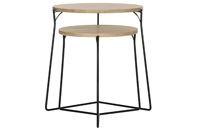 A designer favorite, the Ryne Mid Century 2-piece end table set was inspired by the poetic design of a contemporary art gallery in Ibiza. Its solid iron base flaunts an elegant linear style  balanced by the light grey palette of its smooth circular top. Its modern style brings versatility to your home.Set of 2 | Made of iron with black finish | Engineered wood tabletops in gray finish