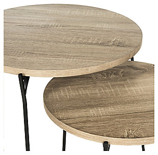 A designer favorite, the Ryne Mid Century 2-piece end table set was inspired by the poetic design of a contemporary art gallery in Ibiza. Its solid iron base flaunts an elegant linear style  balanced by the light grey palette of its smooth circular top. Its modern style brings versatility to your home.Set of 2 | Made of iron with black finish | Engineered wood tabletops in gray finish