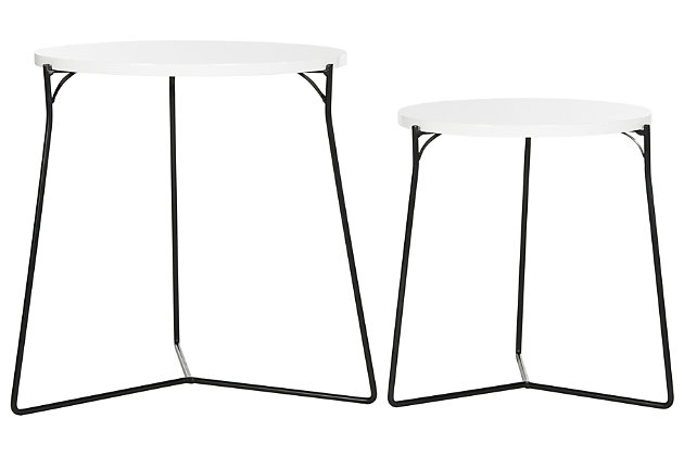 A designer favorite, the Ryne Mid Century 2-piece end table set was inspired by the poetic design of a contemporary art gallery in Ibiza. Its solid iron base flaunts an elegant linear style  balanced by the light grey palette of its smooth circular top. Its modern style brings versatility to your home.Set of 2 | Made of iron with black finish | Engineered wood tabletops in white lacquer finish