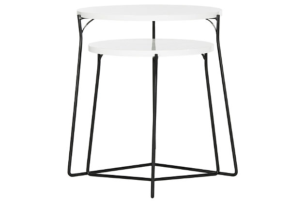 A designer favorite, the Ryne Mid Century 2-piece end table set was inspired by the poetic design of a contemporary art gallery in Ibiza. Its solid iron base flaunts an elegant linear style  balanced by the light grey palette of its smooth circular top. Its modern style brings versatility to your home.Set of 2 | Made of iron with black finish | Engineered wood tabletops in white lacquer finish