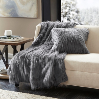 Madison Park Edina Faux Fur Throw Pillow, Gray, large