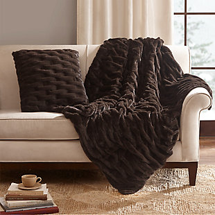 Madison Park Ruched Fur Throw Pillow, Brown, rollover