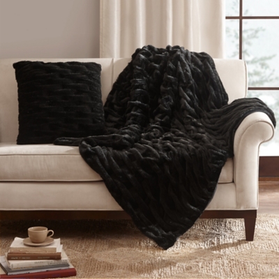 Madison Park Ruched Fur Throw Pillow, Black, large