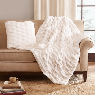 Madison Park Ruched Fur Throw Pillow, Ivory, large