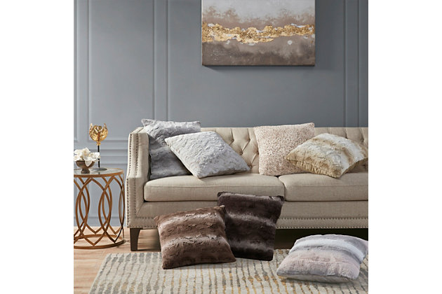 The Madison Park Zuri Square Pillow features a luxuriously soft faux fur and reverses to a solid lux microfur. This faux fur pillow is the perfect modern update and adds a glamorous accent to your home.Imported | Faux fur toss pillow 20"x20" | Hypoallergenic polyester filling | Soft and trendy | Spot clean only