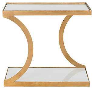 Go ultra modern and enhance the elegance of a room with the addition of a Sullivan accent table. Its lustrous gold-finished iron frame is complemented with two spacious levels of white glass tops. They're connected by two uniquely curved legs on opposite ends. This eye-catching marvel is amazing from every angle—a perfect spot for displaying treasures or setting out delectable treats.Made of iron with gold finish | 2 white glass tops | Clean with a soft, dry cloth; spray small amount of glass cleaner onto lint-free cloth and wipe glass clean