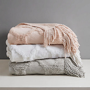 Add a cozy farmhouse touch to your home with the Madison Park Brianne Cotton Tufted Throw. This blush cotton throw flaunts a tufted geometric pattern with a 4-inch fringe on each end that adds texture and dimension, for a charming country allure. The 100% cotton fabric creates a lightweight and natural feel, making this cottage throw perfect for all seasons. Machine washable for easy care, this cotton tufted throw is great as a layering piece across your bed or can be hung like a tapestry for a chic accent on your wall.Imported | 100% cotton tufted throw | 4" fringe | Natural cotton feel | Machine washable