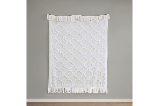 Add a cozy farmhouse touch to your home with the Madison Park Brianne Cotton Tufted Throw. This ivory cotton throw flaunts a tufted geometric pattern with a 4-inch fringe on each end that adds texture and dimension, for a charming country allure. The 100% cotton fabric creates a lightweight and natural feel, making this cottage throw perfect for all seasons. Machine washable for easy care, this cotton tufted throw is great as a layering piece across your bed or can be hung like a tapestry for a chic accent on your wall.Imported | 100% cotton tufted throw | 4" fringe | Natural cotton feel | Machine washable