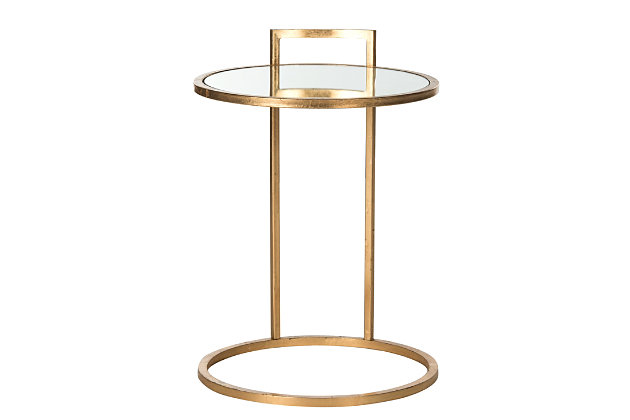 Round up the modern look with the Calvin end table. Designed to honor the work of legendary Irish designer Eileen Gray and Italian design master Gio Ponti, its warm antique gold leaf finish complements the circular frame and round glass top. You'll find it to be convenient, too—ideal for setting down a plate of snacks or displaying a decorative accent. With its unique style and handy surface, it's sure to become an heirloom.Made of iron with antiqued gold leaf finish | Clear glass tabletop | Clean with a soft, dry cloth; spray small amount of glass cleaner onto lint-free cloth and wipe glass clean | Assembly required
