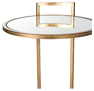 Round up the modern look with the Calvin end table. Designed to honor the work of legendary Irish designer Eileen Gray and Italian design master Gio Ponti, its warm antique gold leaf finish complements the circular frame and round glass top. You'll find it to be convenient, too—ideal for setting down a plate of snacks or displaying a decorative accent. With its unique style and handy surface, it's sure to become an heirloom.Made of iron with antiqued gold leaf finish | Clear glass tabletop | Clean with a soft, dry cloth; spray small amount of glass cleaner onto lint-free cloth and wipe glass clean | Assembly required