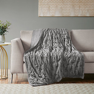 Madison Park Luxury Ruched Fur Throw, Gray, rollover