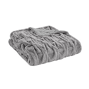 Madison Park Luxury Ruched Fur Throw, Gray, large