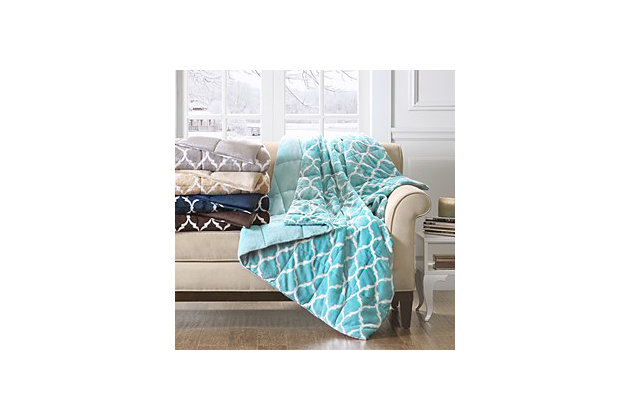 This Madison Park super soft microlight oversized down alternative plush throw features a modern ogee print that adds style and flair to any room. MicroLight is the next generation in plush throws. Our unique knitting technology allows us to craft an irresistibly soft, ultra lofty throw that is light enough to be used during even the warmest summer months and is perfect as a layering piece during the coldest of winters. This throw is filled for added comfort and warmth. It's machine washable for easy care. Decorative pillow sold separately.Imported | Super soft microlight plush throw | Modern ogee print adds style and flair to any room | Down alternative filling for added comfort and warmth | Oversized dimensions 60x70" | Machine washable for easy care
