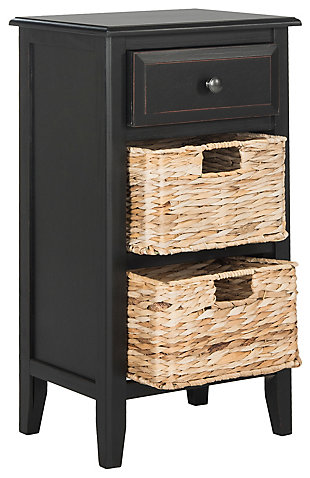 Stow in love. Need a bit of extra storage? You’re sure to find the Everly side table in distressed black an absolute essential. A highly functional bedroom nightstand, it’s also a handy addition in the kids room, family room or home office. Pair of included rattan baskets add a casually cool element.Made of pine wood | Distressed black finish | 1 smooth-gliding drawer | 2 rattan baskets with cutout handles