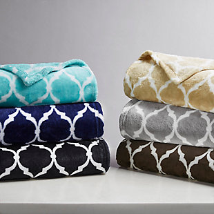 This Madison Park super soft microlight oversized plush throw features a modern ogee print that adds style and flair to any room. MicroLight is the next generation in plush throws. Our unique knitting technology allows us to craft an irresistibly soft, ultra lofty throw that is light enough to be used during even the warmest summer months and is perfect as a layering piece during the coldest of winters. It's machine washable for easy care.Imported | Oversized | Machine washable | Soft plush fabric | Ogee print
