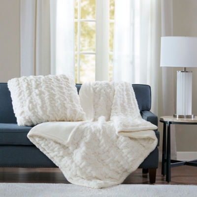 Ruched Fur Throw, Ivory