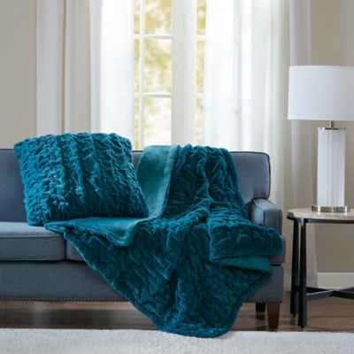 Madison Park Ruched Fur Throw, Teal, large