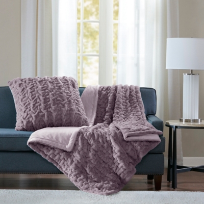 Madison Park Ruched Fur Throw, Lavender, large