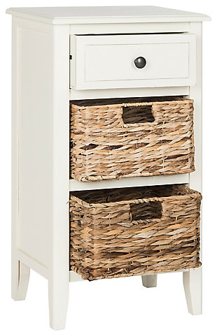 Stow in love. Need a bit of extra storage? You’re sure to find the Everly side table in distressed white an absolute essential. A highly functional bedroom nightstand, it’s also a handy addition in the kids room, family room or home office. Pair of included rattan baskets add a casually cool element.Made of pine wood | Distressed white finish | 1 smooth-gliding drawer | 2 rattan baskets with cutout handles