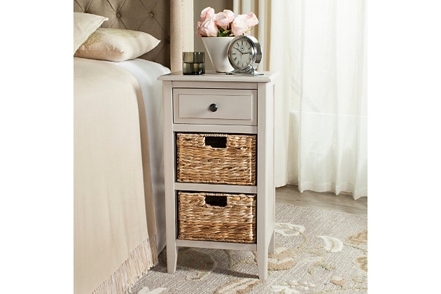 Stow in love. Need a bit of extra storage? You’re sure to find the Everly side table in vintage gray an absolute essential. A highly functional bedroom nightstand, it’s also a handy addition in the kids room, family room or home office. Pair of included rattan baskets add a casually cool element.Made of pine wood | Distressed gray finish | 1 smooth-gliding drawer | 2 rattan baskets with cutout handles