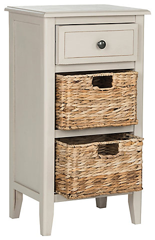Stow in love. Need a bit of extra storage? You’re sure to find the Everly side table in vintage gray an absolute essential. A highly functional bedroom nightstand, it’s also a handy addition in the kids room, family room or home office. Pair of included rattan baskets add a casually cool element.Made of pine wood | Distressed gray finish | 1 smooth-gliding drawer | 2 rattan baskets with cutout handles