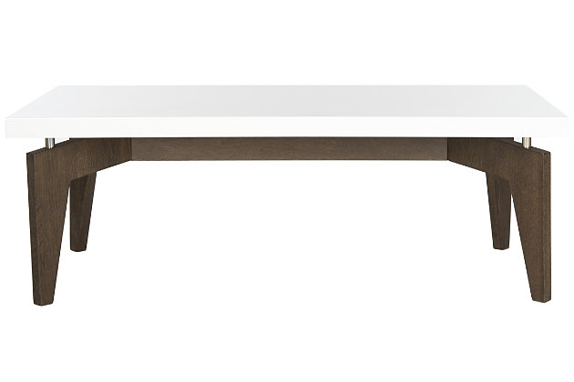 Elevate your sense of style with the Josef Retro floating top coffee table. Its low-slung, high-design aesthetic pairs an ultra-smooth white lacquer tabletop with a grainy wood finish base in a sophisticated shade of dark brown. Stainless steel connective posts take the look to another level.Made of engineered wood with stainless steel supports | Floating tabletop with white lacquer finish | Assembly required