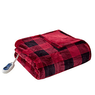 True North by Sleep Philosophy Oversized Heated Printed Plush Throw, Buffalo Check Red, large