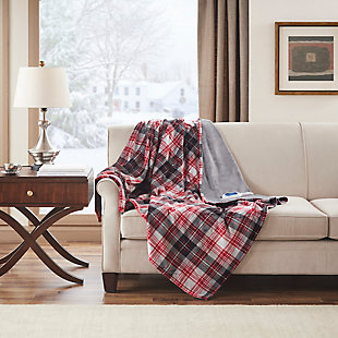 Get warm and cozy on your sofa with the True North by Sleep Philosophy Jacob Heated Plush Throw. This plush oversized heated throw, measuring 60”X70”, displays a classic red plaid print for a warm and inviting cabin look. Soft flexible wires maintain the cozy and lightweight feel of the throw. Emitting virtually no electromagnetic field emissions, the plaid print throw features three heat settings and a 2-hour shut-off timer for safety. Machine washable, this oversized heated plaid throw offers incredible comfort and warmth to be used anywhere in your home. Comes with manufacturer’s 5-year warranty.Imported | Plush and warm oversized 60x70 plaid print heated throw | Virtually no electromagnetic field emissions | Cozy and lightweight microlight plush throw | 3 heat settings, 2-hour auto shut off | Manufacturer's 5-year warranty | Machine washable