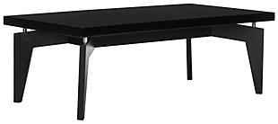 Elevate your sense of style with the Josef Retro floating top coffee table. Its low-slung, high-design aesthetic pairs an ultra-smooth black lacquer tabletop with a grainy wood base in black for monochromatic flair. Stainless steel connective posts take the look to another level.Made of engineered wood with stainless steel supports | Floating tabletop with black lacquer finish | Assembly required