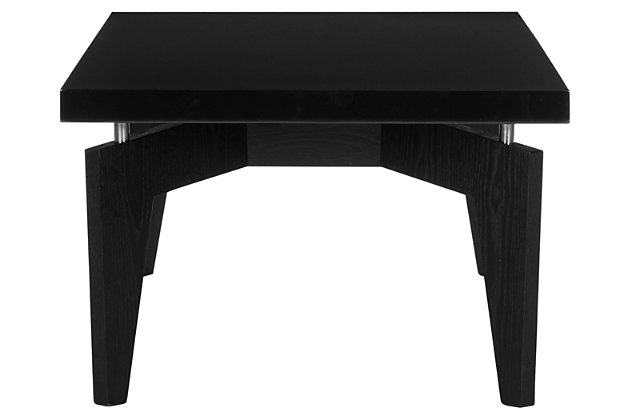 Elevate your sense of style with the Josef Retro floating top coffee table. Its low-slung, high-design aesthetic pairs an ultra-smooth black lacquer tabletop with a grainy wood base in black for monochromatic flair. Stainless steel connective posts take the look to another level.Made of engineered wood with stainless steel supports | Floating tabletop with black lacquer finish | Assembly required