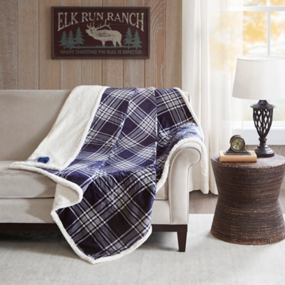 Woolrich Oversized Plaid Print Faux Mink to Berber Heated Throw, Navy, large