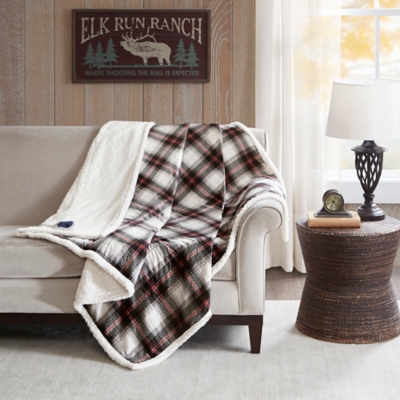 Woolrich Oversized Plaid Print Faux Mink to Berber Heated Throw, Black, large