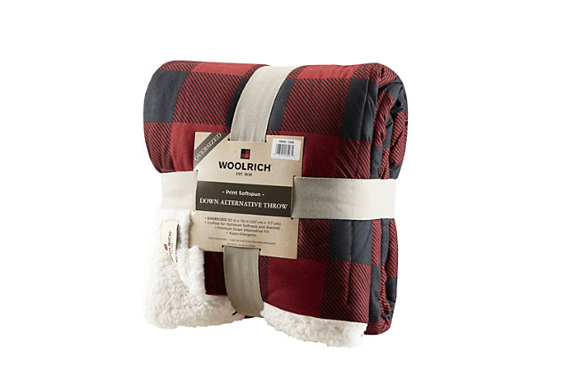 Get comfortable and cozy with the Woolrich Linden Oversized Softspun Down Alternative Throw. The ultra-soft flannel-like fabric features a red plaid print pattern on the face and a soft berber on the reverse for a layer of added warmth and comfort. Down alternative filling is secured with 6-inch box quilting, while a knife edge creates a clean finish. Oversized at 50”x70” for extra coverage, this down alternative oversized throw is machine washable for easy care and offers a cozy cabin look that’s perfect for bundling up in.Imported | Ultra-soft flannel-like fabric with plaid print pattern. | Reverse cozy berber for a layer of added warmth and comfort. | Down alternative filling with 6" box quilting with knife edge. | Oversized 50"x70"" for extra coverage | Machine washable for easy care.