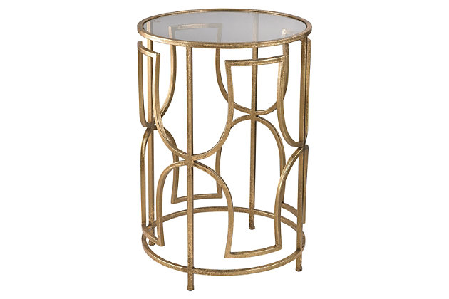Art Deco lives on in the Modern Forms accent table. Open, goldtone frame is teeming with bold yet refined appeal. Elevate the clear glass top with a vase of fresh greenery.Made of wood, foam and fabric | Clear glass tabletop | Goldtone finish