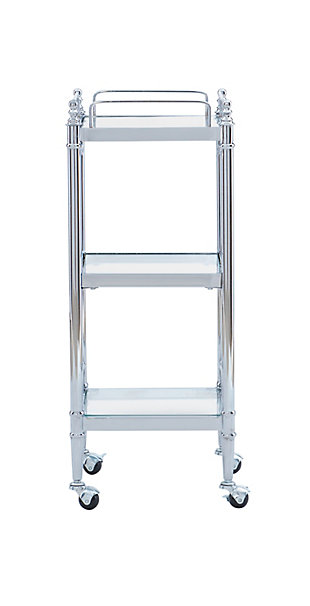 Give your space a touch of glamour with the Pinnacle 3-tier cart. Combining glass shelves and a chrome-tone finish, this smart cart on casters rolls out a high-style look you’re sure to love. Great in the kitchen or serving at a party, it's also brilliant in the bath loaded with spa-worthy luxuries.Made of metal, tempered glass and mirrored glass | Chrome-tone frame | Locking caster wheels | Top shelf with protective railings | Top 2 shelves made of tempered glass; bottom shelf made of mirrored glass | Open shelf design | Clean with damp cloth | Assembly required