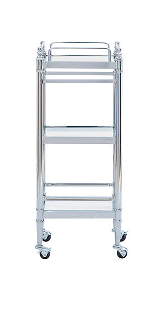 Give your space a touch of glamour with the Pinnacle 3-tier cart. Combining glass shelves and a chrome-tone finish, this smart cart on casters rolls out a high-style look you’re sure to love. Great in the kitchen or serving at a party, it's also brilliant in the bath loaded with spa-worthy luxuries.Made of metal, tempered glass and mirrored glass | Chrome-tone frame | Locking caster wheels | Top shelf with protective railings | Top 2 shelves made of tempered glass; bottom shelf made of mirrored glass | Open shelf design | Clean with damp cloth | Assembly required