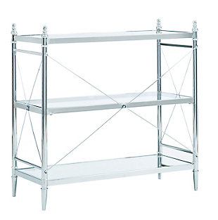A clear reflection of your good taste, this 3-tier console table delivers a high-style look you’re sure to love. An elegant addition in the bathroom, signature elements include X-frame stretchers, polished chrome-tone finish and tempered glass shelves.Made of metal, tempered glass and mirrored glass | Chrome-tone frame | Top 2 shelves made of tempered glass; bottom shelf made of mirrored glass | Top shelf with protective raised edge | Open shelf design | Clean with damp cloth | Assembly required