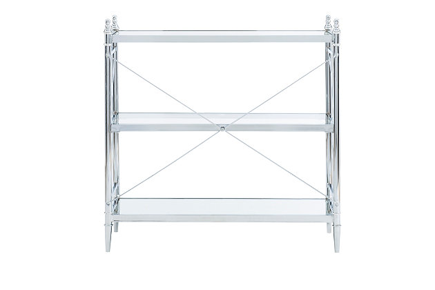 A clear reflection of your good taste, this 3-tier console table delivers a high-style look you’re sure to love. An elegant addition in the bathroom, signature elements include X-frame stretchers, polished chrome-tone finish and tempered glass shelves.Made of metal, tempered glass and mirrored glass | Chrome-tone frame | Top 2 shelves made of tempered glass; bottom shelf made of mirrored glass | Top shelf with protective raised edge | Open shelf design | Clean with damp cloth | Assembly required