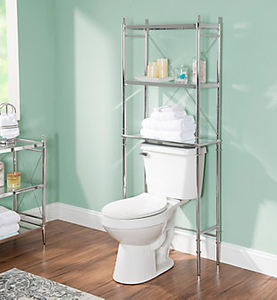 Utilize wasted space while bringing a sense of order to your bathroom with this striking over-the-toilet spacesaver. Complete with a trio of shelves and backed with an X-frame stretcher for a touch of flair, this chrome-tone spacesaver is ideal for those smaller bathrooms that need organization.Made of metal, tempered glass and mirrored glass | Chrome-tone frame | Top 2 shelves made of tempered glass; bottom shelf made of mirrored glass | Open shelf design | Clean with damp cloth | Assembly required