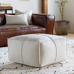 Surya Solid Linen Pouf, Ivory, rollover